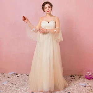 Moderne Mode Champagne Grande Taille Robe De Soirée 2018 Princesse V Cou Lacer Tulle Appliques Dos Nu Été Manches Longues Promo Soirée Robe De Ceremonie