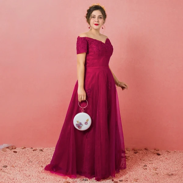 Modest / Simple Burgundy Plus Size Evening Dresses 2018 A-Line / Princess Tulle Short Sleeve Appliques Backless Beading Strapless Evening Party Formal Dresses