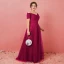 Modest / Simple Burgundy Plus Size Evening Dresses  2018 A-Line / Princess Tulle Short Sleeve Appliques Backless Beading Strapless Evening Party Formal Dresses