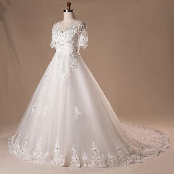 Elegante Klassisch Weiß Brautkleider 2017 A Linie Spitze V-Ausschnitt Tülle Perlenstickerei Pailletten Applikationen Rückenfreies Hochzeit