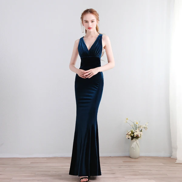 Modest / Simple Floor-Length / Long Navy Blue Evening Dresses 2018 Trumpet / Mermaid Charmeuse V-Neck Backless Evening Party Formal Dresses