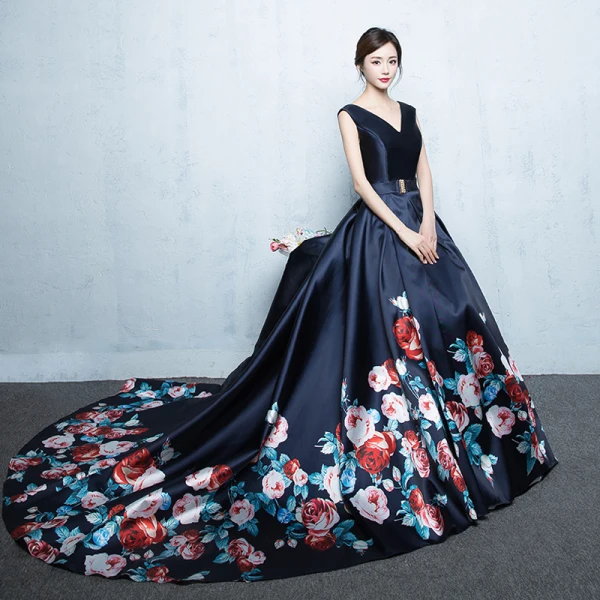 Chic / Beautiful Navy Blue Chapel Train Evening Dresses 2018 A-Line / Princess V-Neck Charmeuse Backless Printing Evening Party Formal Dresses