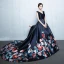 Chic / Beautiful Navy Blue Chapel Train Evening Dresses  2018 A-Line / Princess V-Neck Charmeuse Backless Printing Evening Party Formal Dresses