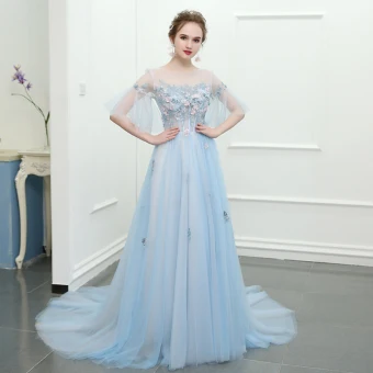 Scintillantes Bleu Ciel Chapel Train Robe De Soirée 2018 Princesse Tulle U Cou Appliques Dos Nu Perlage Soirée Robe De Ceremonie
