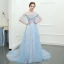 Sparkly Sky Blue Chapel Train Evening Dresses  2018 A-Line / Princess Tulle U-Neck Appliques Backless Beading Evening Party Formal Dresses
