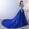 Chinese style Royal Blue Prom Dresses 2017 A-Line / Princess Charmeuse Halter Embroidered Beading Backless Evening Party Formal Dresses