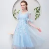 Hada de las flores Azul Cielo Cortos Vestidos de graduación 2018 A-Line / Princess V-Cuello Tul Con Chal Rebordear Apliques Sin Espalda de fiesta Vestidos Formales