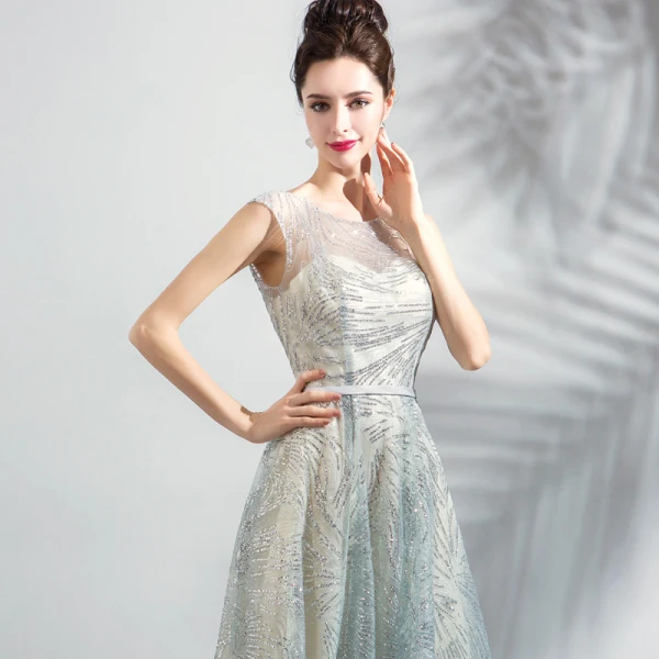 Sparkly Grey Floor-Length / Long Evening Dresses 2018 A-Line / Princess U-Neck Tulle Backless Beading Sequins Evening Party Formal Dresses
