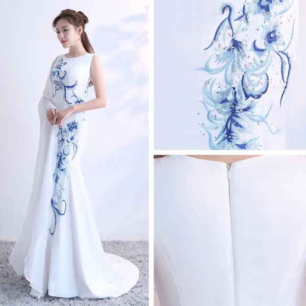 Luxury / Gorgeous Chinese style White Court Train Evening Dresses  2018 Trumpet / Mermaid U-Neck Charmeuse Embroidered Beading Rhinestone Evening Party Formal Dresses