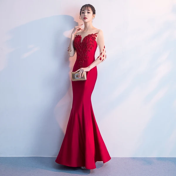 Chic / Beautiful Red Floor-Length / Long Evening Dresses  2018 Trumpet / Mermaid Tulle U-Neck 3/4 Sleeve Appliques Beading Formal Dresses