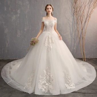 Luxe Blanche Robe Boule Robe De Mariée 2019 Dentelle Tulle Appliques Dos Nu Bustier Perlage Faux Diamant Brodé Cathedral Train Église Mariage