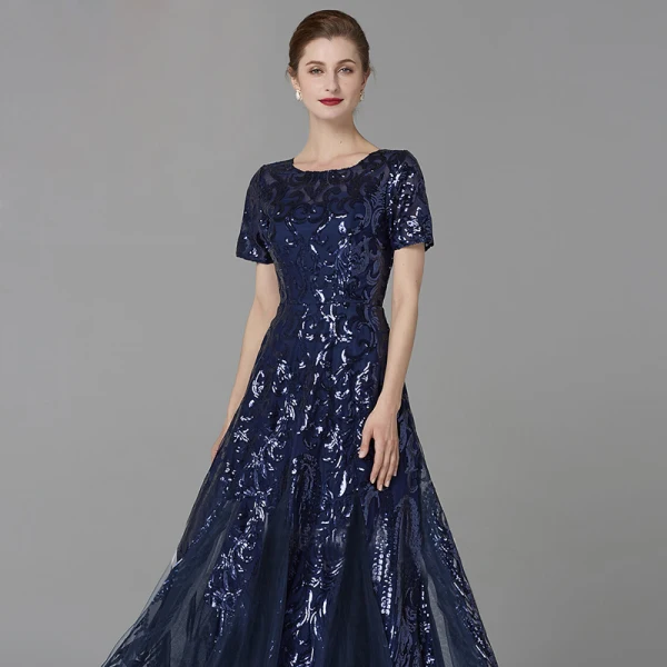 Chic / Beautiful Navy Blue Mother Of The Bride Dresses 2020 A-Line / Princess U-Neck Floor-Length / Long Short Sleeve Backless Beading Sequins Wedding Evening Party Wedding Party Dresses
