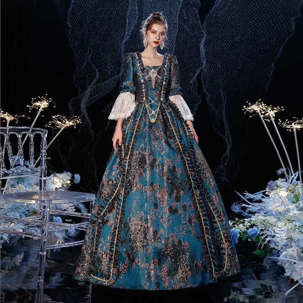 Vintage / Retro Medieval Gothic Multi-Colors Ball Gown Prom Dresses 2021 Square Neckline Long Sleeve Floor-Length / Long 3D Lace Printing Cosplay Evening Party Prom Formal Dresses