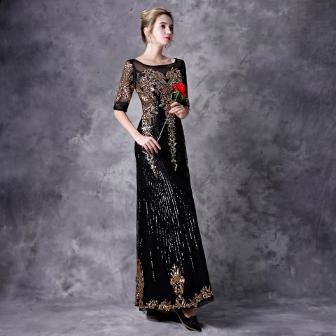 Vintage / Retro Black Evening Dresses  2021 A-Line / Princess 1/2 Sleeves Square Neckline Floor-Length / Long Beading Sequins Appliques Tulle Evening Party Formal Dresses