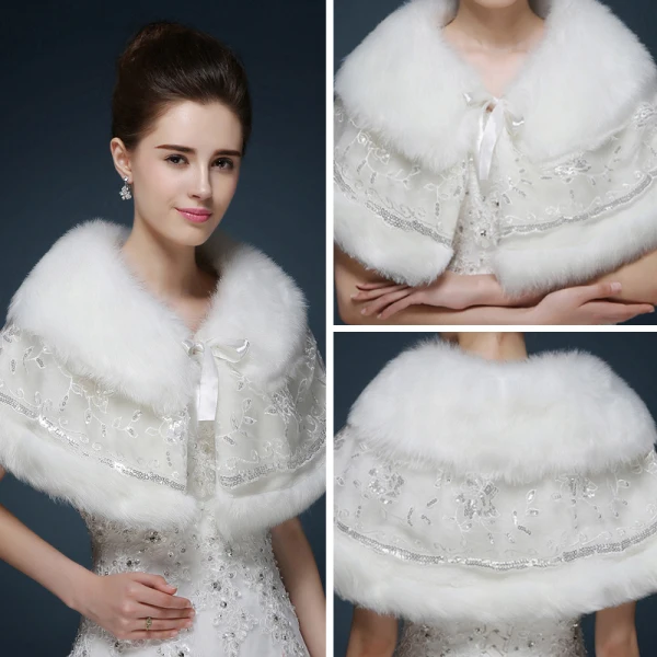 White Winter Glitter Sequins Faux Fur Wedding Prom Shawls 2017