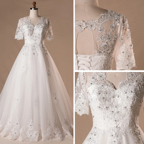 Elegante Klassisch Weiß Brautkleider 2017 A Linie Spitze V-Ausschnitt Tülle Perlenstickerei Pailletten Applikationen Rückenfreies Hochzeit