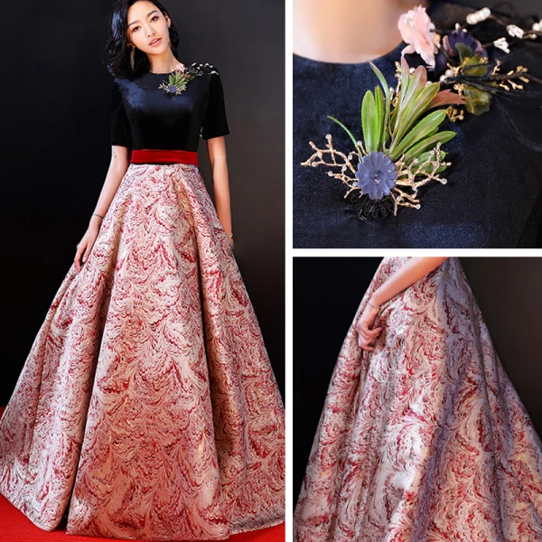 Luxury / Gorgeous Red Evening Dresses 2018 A-Line / Princess Scoop Neck Charmeuse Beading Printing Embroidered Evening Party Formal Dresses