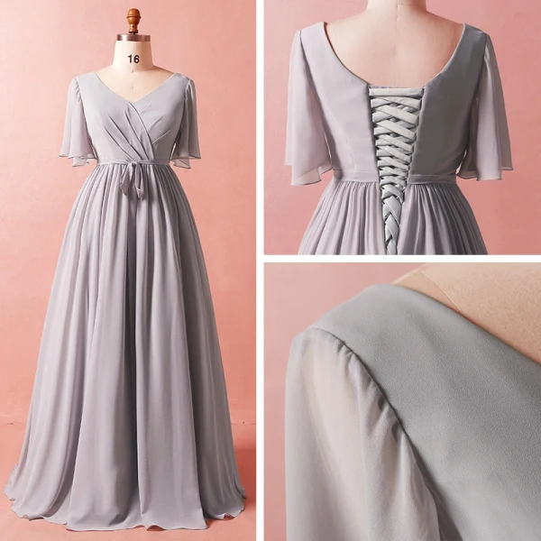 Modest / Simple Grey Plus Size 2018 A-Line / Princess Crossed Straps Tulle V-Neck Summer Sash Beach 1/2 Sleeves Mother Of The Bride Dresses