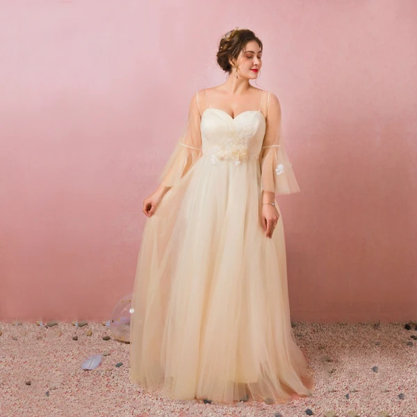 Modern Fashion Champagne Plus Size Evening Dresses 2018 A-Line Princess V-Neck Lace-up