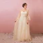 Modern / Fashion Champagne Plus Size Evening Dresses  2018 A-Line / Princess V-Neck Lace-up Tulle Appliques Backless Summer Long Sleeve Prom Evening Party Formal Dresses