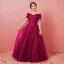 Modest / Simple Burgundy Plus Size Evening Dresses  2018 A-Line / Princess Tulle Short Sleeve Appliques Backless Beading Strapless Evening Party Formal Dresses