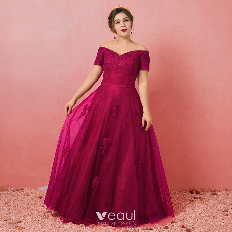 Modest / Simple Burgundy Plus Size Evening Dresses 2018 A-Line / Princess Tulle Short Sleeve Appliques Backless Beading Strapless Evening Party Formal Dresses Modest / Simple Burgundy Plus Size Evening Dresses 2018 A-Line / Princess Tulle Short Sleeve Appliques Backless Beading Strapless Evening Party Formal Dresses