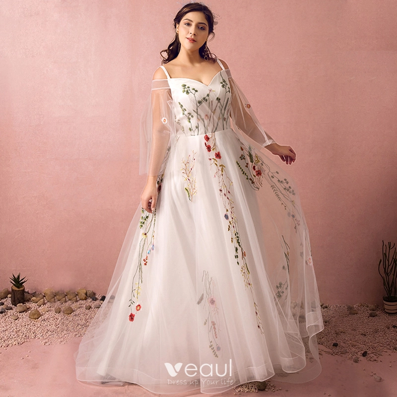 Fee Des Fleurs Blanche Grande Taille Robe De Bal 2018 Princesse V Cou Tulle Dos Nu Brode Promo Soiree Robe De Soiree