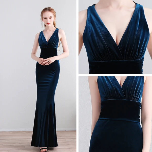 Modest / Simple Floor-Length / Long Navy Blue Evening Dresses 2018 Trumpet / Mermaid Charmeuse V-Neck Backless Evening Party Formal Dresses