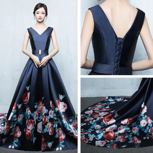 Chic / Beautiful Navy Blue Chapel Train Evening Dresses 2018 A-Line / Princess V-Neck Charmeuse Backless Printing Evening Party Formal Dresses