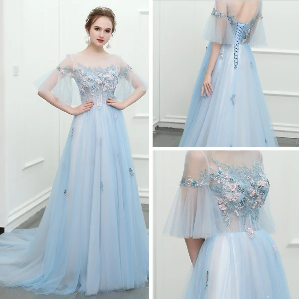 Sparkly Sky Blue Chapel Train Evening Dresses  2018 A-Line / Princess Tulle U-Neck Appliques Backless Beading Evening Party Formal Dresses