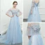 Sparkly Sky Blue Chapel Train Evening Dresses  2018 A-Line / Princess Tulle U-Neck Appliques Backless Beading Evening Party Formal Dresses