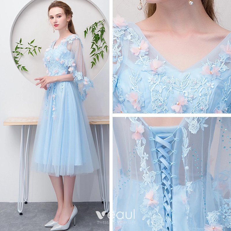 Flower Fairy Sky Blue Short Graduation Dresses 2018 A-Line