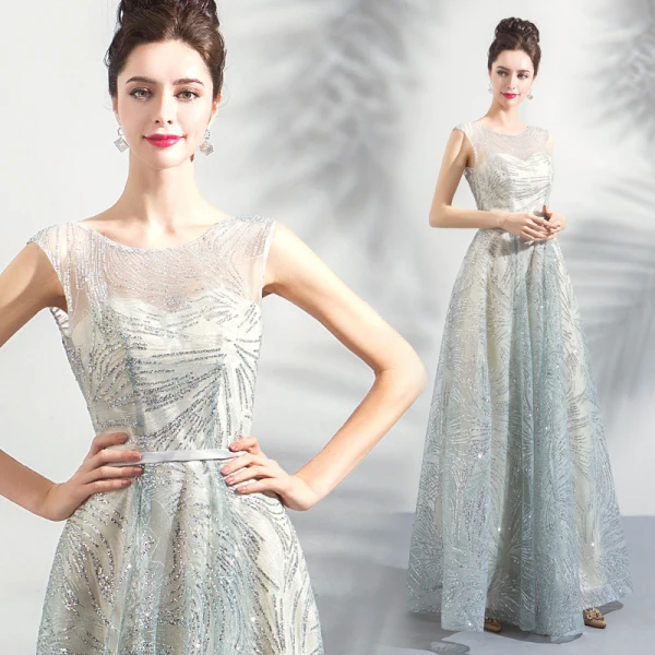 Sparkly Grey Floor-Length / Long Evening Dresses 2018 A-Line / Princess U-Neck Tulle Backless Beading Sequins Evening Party Formal Dresses