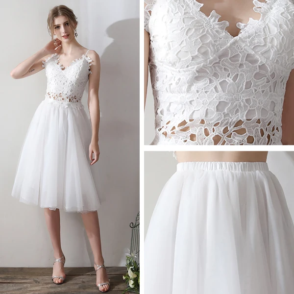 Lovely 2 Piece Short Evening Dresses 2018 A-Line / Princess White Tulle Appliques Backless Pierced Homecoming Formal Dresses
