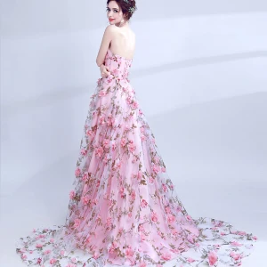 Chic Beautiful Candy Pink Evening Dresses 2017 A Line Princess Strapless Court Train Lace Appliques Backless Printing Evening Party Prom Dresses