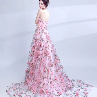 Schöne Pink Abendkleider 2017 A Linie Bandeau Hof Schleppe Spitze Applikationen Rückenfreies Drucken Abend Ballkleider