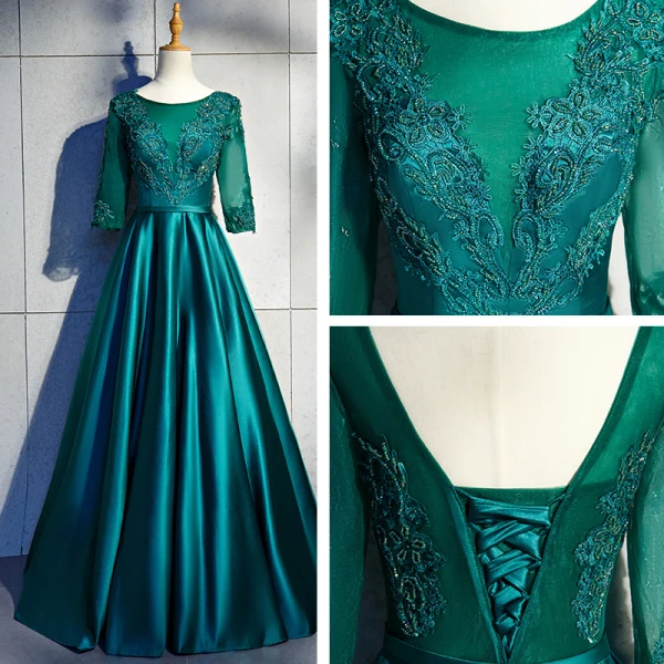 Chic / Beautiful Dark Green Floor-Length / Long Evening Dresses 2018 A-Line / Princess U-Neck Charmeuse Lace-up Appliques Backless Beading Evening Party Formal Dresses