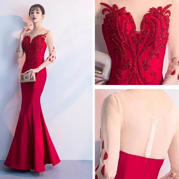 Chic / Beautiful Red Floor-Length / Long Evening Dresses  2018 Trumpet / Mermaid Tulle U-Neck 3/4 Sleeve Appliques Beading Formal Dresses