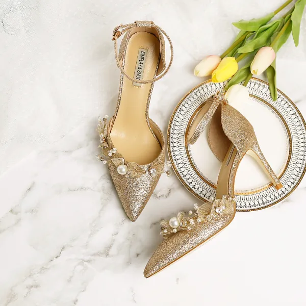 Chic / Beautiful Bling Bling Champagne Wedding Shoes 2019 9 cm Wedding High Heels Leather Butterfly Beading Pearl Pointed Toe Womens Shoes