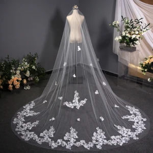 Modern Fashion White 3d Lace Wedding Veils Handmade Chiffon Chapel Train Lace Wedding Accessories 2019