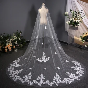 Modern Fashion White 3d Lace Wedding Veils Handmade Chiffon Chapel Train Lace Wedding Accessories 2019
