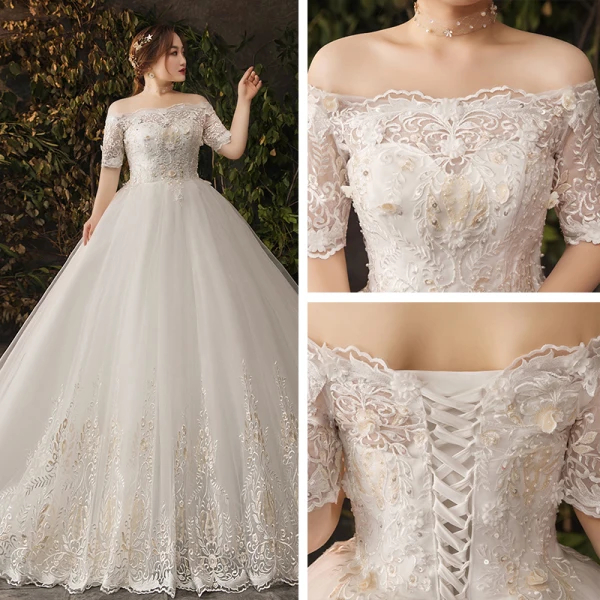 Unika Vita Extra Stor Storlek Bröllopsklänningar 2019 Tyll Appliqués Halterneck Beading Pärla Handgjort Chapel Train