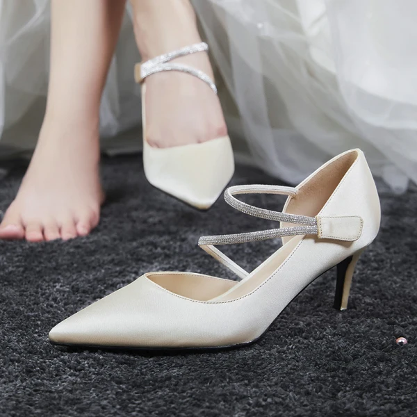 Modest / Simple Champagne Wedding Shoes 2020 Satin Glitter Sequins Cocktail Party Evening Party Womens Shoes