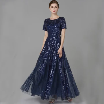 Chic Belle Bleu Marine Robe De Mère De Mariée 2020 Princesse U Cou Longue Manches Courtes Dos Nu Perlage Paillettes Mariage Soirée Robe Pour Mariage
