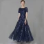 Chic / Beautiful Navy Blue Mother Of The Bride Dresses 2020 A-Line / Princess U-Neck Floor-Length / Long Short Sleeve Backless Beading Sequins Wedding Evening Party Wedding Party Dresses