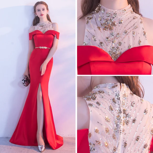 Schöne Rot Abendkleider 2017 Glanz A Linie Rückenfreies Mit Spitze Chiffon Bandeau Abend Festliche Kleider