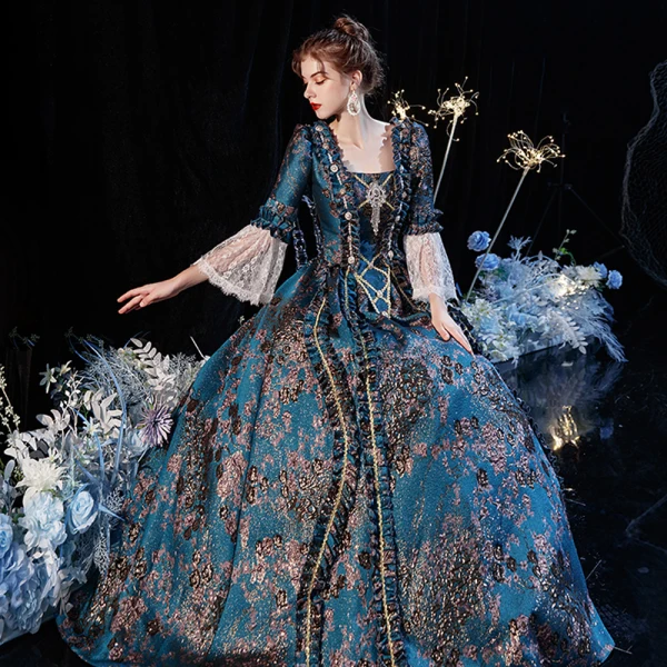 Vintage / Retro Medieval Gothic Multi-Colors Ball Gown Prom Dresses 2021 Square Neckline Long Sleeve Floor-Length / Long 3D Lace Printing Cosplay Evening Party Prom Formal Dresses