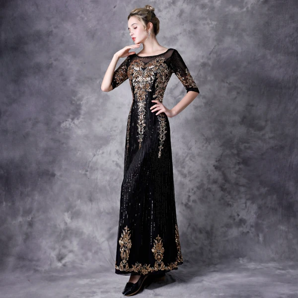 Vintage / Retro Black Evening Dresses 2021 A-Line / Princess 1/2 Sleeves Square Neckline Floor-Length / Long Beading Sequins Appliques Tulle Evening Party Formal Dresses