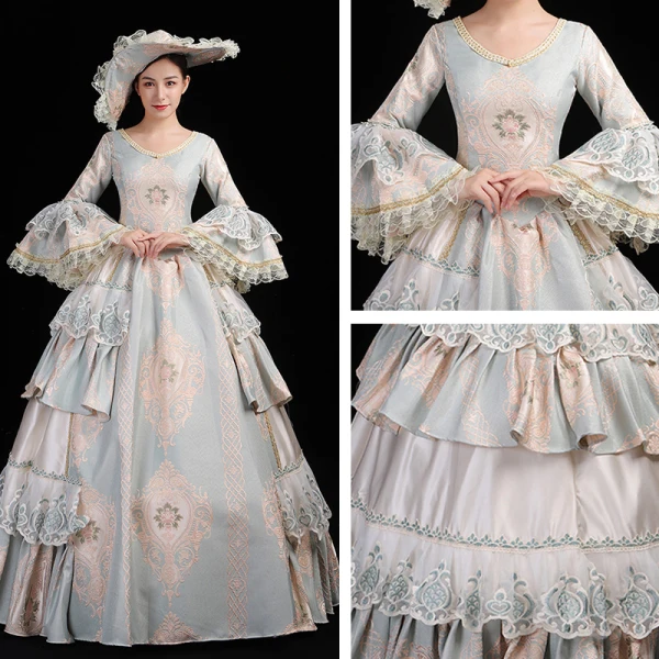 Vintage / Retro Medieval Sky Blue Ball Gown Prom Dresses Long Sleeve U-Neck Floor-Length / Long Zipper Up Lace Handmade Embroidered Cosplay Formal Dresses