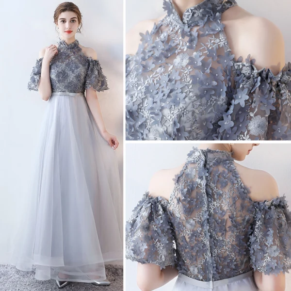Modern / Fashion Grey Evening Dresses  2017 A-Line / Princess Appliques Scoop Neck Lace Embroidered Flower Evening Party Formal Dresses